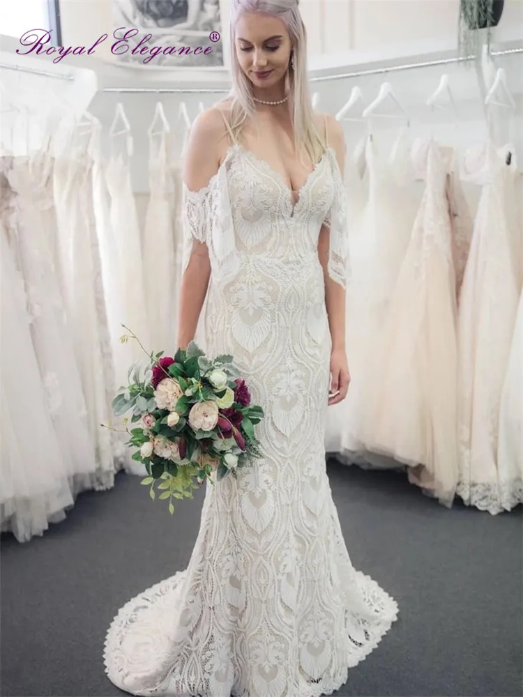 

Royal Elegance Spagetti Straps Wedding Dresses Detachable Sleeve Lace Mermaid V Neckline vestidos novias Bride-to-be Gowns