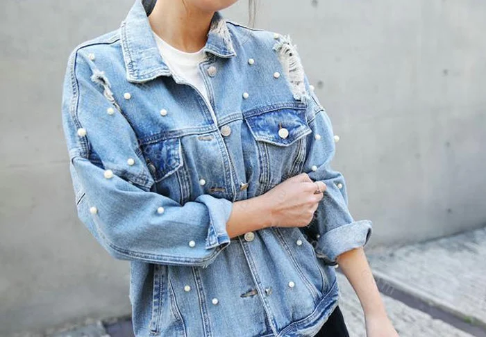 Pearls Beading Ripped Denim Jacket Women Vintage Single Breasted Long Sleeve Jean Jackets and Coats Plus Size Spring Fall