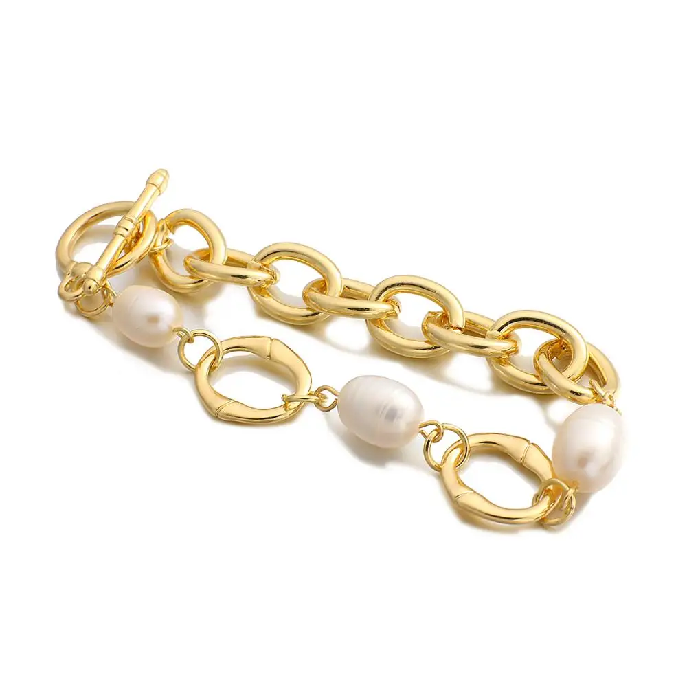 

ALLYES Plating Gold Color Baroque Pearl Beads Link Chain Bracelets for Women Punk Rock Hip Hop Miami Bracelet Bangle Jewelry