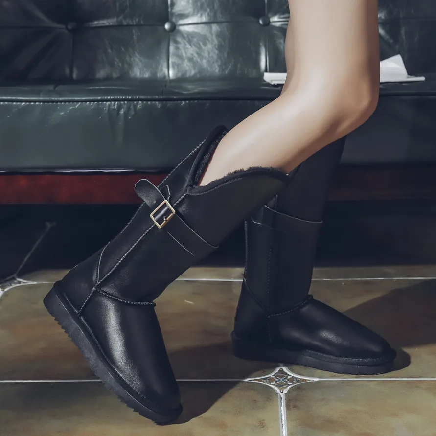 black smooth Зимние сапоги на натуральном лисьем меху сапоги из натуральной коровьей замши сапоги до середины икры теплые женские сапоги на плоской подошве с мехом енота - Цвет: black smooth