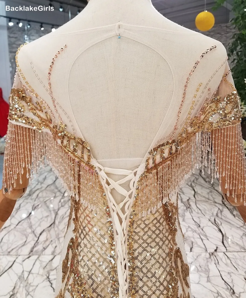 Золотое торжественное вечернее платье с короткими рукавами бусинами круглым