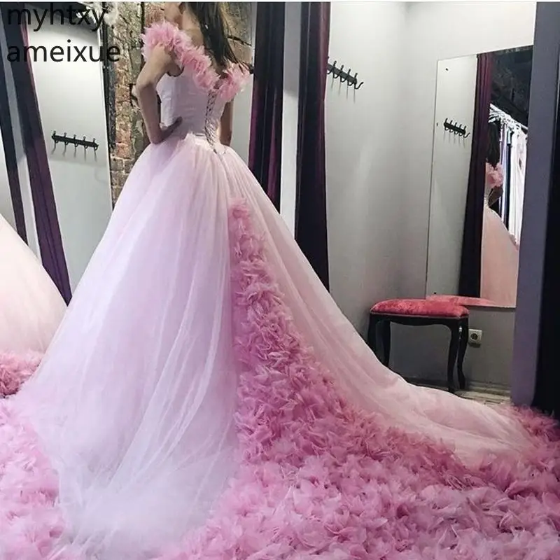 Hot New V Neck Flower Ball Gown Custom Pink Flower Robe Evening Dress Abendkleider 2020 Robe De Soiree Dubai Abiye Soire Formal