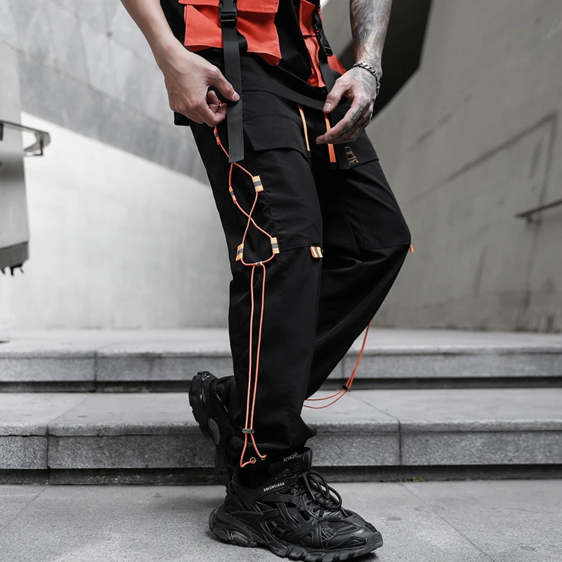 

Streetwear joggers hip hop men Black color Elastic waist Ribbons Stage clothing