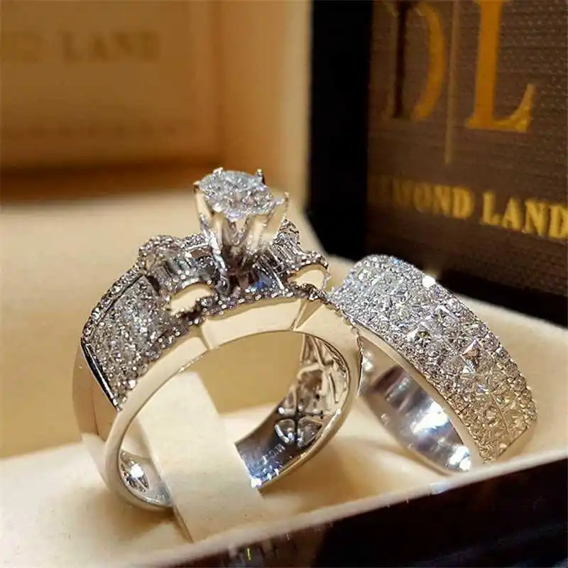 

2pcs/set White Silver Color Ring Women Wedding Bridal Jewelry New Sz 5-11