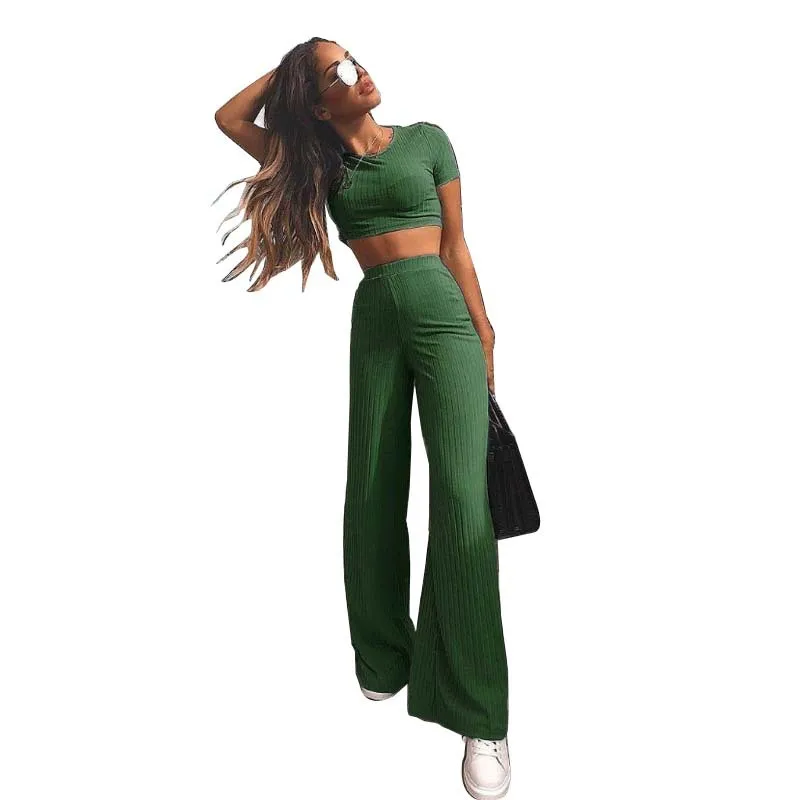 

Cross-Border Supply 2019 New Fashion Leisure Suit, Female Europe Ultra-Stretch Cotton Sunken Stripe Wide Leg Pants Two-Piece Set