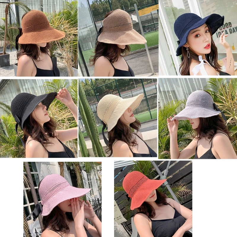 

Women Summer Woven Mesh Sun Visor Beach Cap Sweet Bowknot Open Top Roll-Up Packable Wide Brim Travel UV Protection Baseball