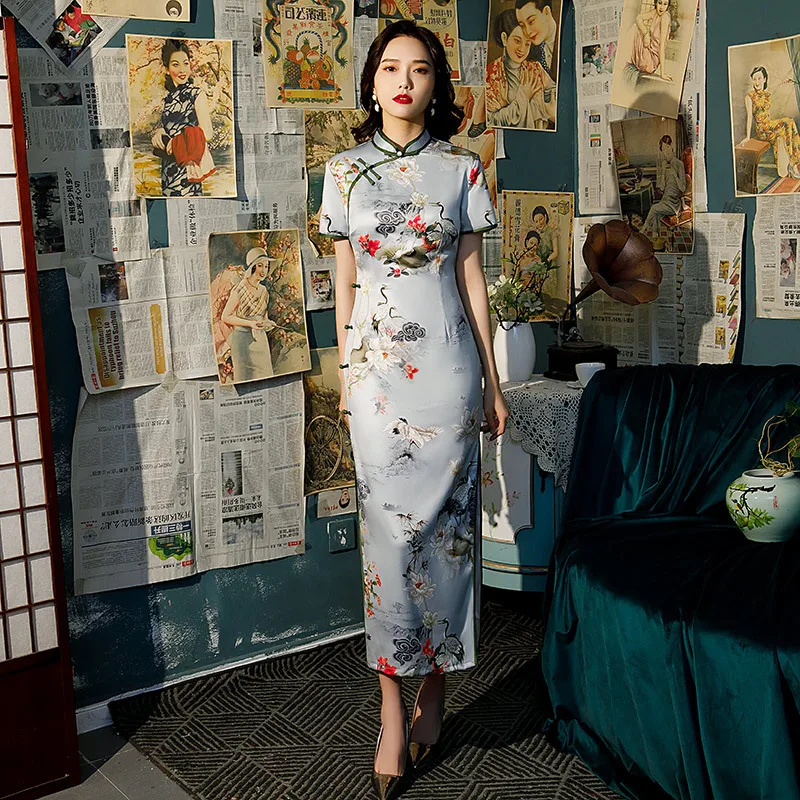 

Sexy Flower Crane Print Chinese Mandarin Collar Qipao Novelty Vintage Cheongsam Women Short Sleeve Evening Party Dress Vestidos
