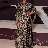 vonda 3 colors casual long sleeve pleated dress summer sexy v neck long maxi dresses vintage leopard printed bohemian vestidos