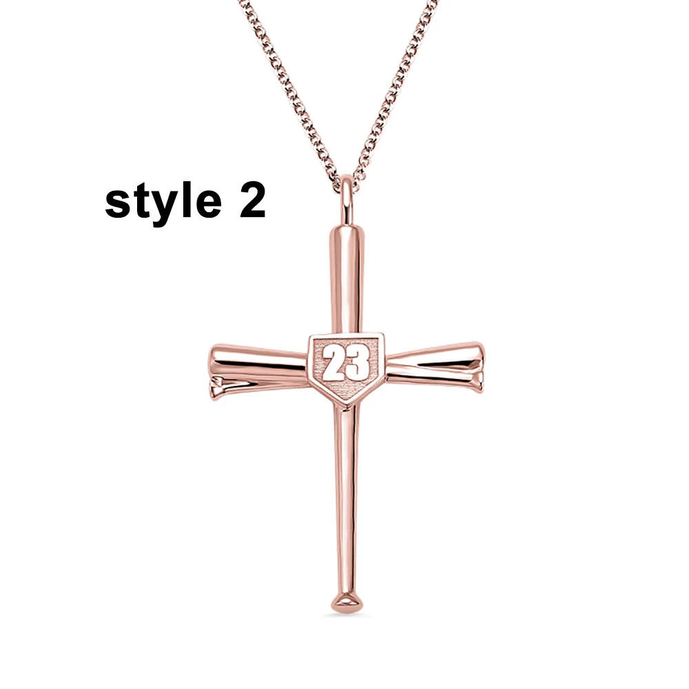 Style 2 in Rose Gold Sweey Прямая поставка Персонализированные Гравированные бейсбольный крест ожерелье с первоначальным номером настроить христианский вера крест ожерелье - Окраска металла: Style 2 in Rose Gold