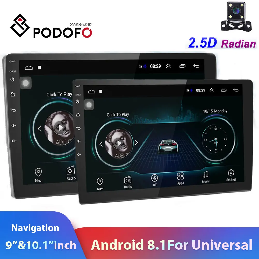 Podofo 2din Автомагнитола 10," дюймов Android8.0 Система Авто Стерео 2.5D экран Bluetooth wifi gps четырехъядерный 1+ 16 ГРОМ для Универсальный