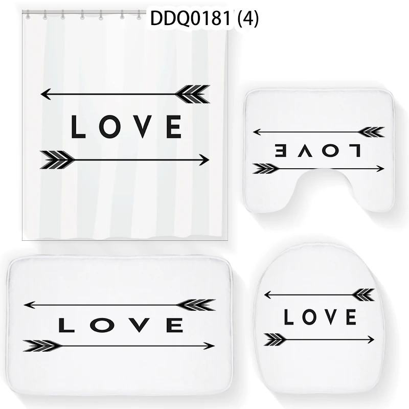 

4pcs/set Black White Letters Shower Curtain Set Bathroom Curtains Waterproof Non Slip Toilet Lid Cover Rug Bathtub Home Decor