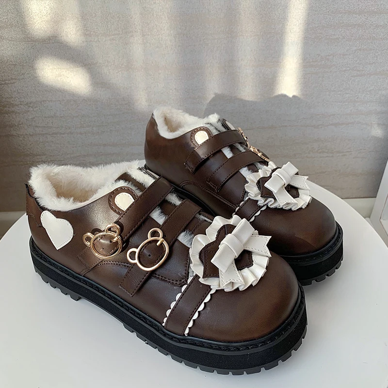 Mid Heel Platform Sweet Girls Kawaii Japanese Cute Anime Cosplay Lolita Shoes Women Flats Harujuku Warm Feminine Loli Snow Boots