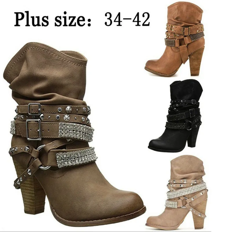 

Ботинки на квадратном каблуке 2020 г. Зимние женские ботильоны на высоком каблуке обувь с круглым носком, теплые женские ботинки на платформе ...