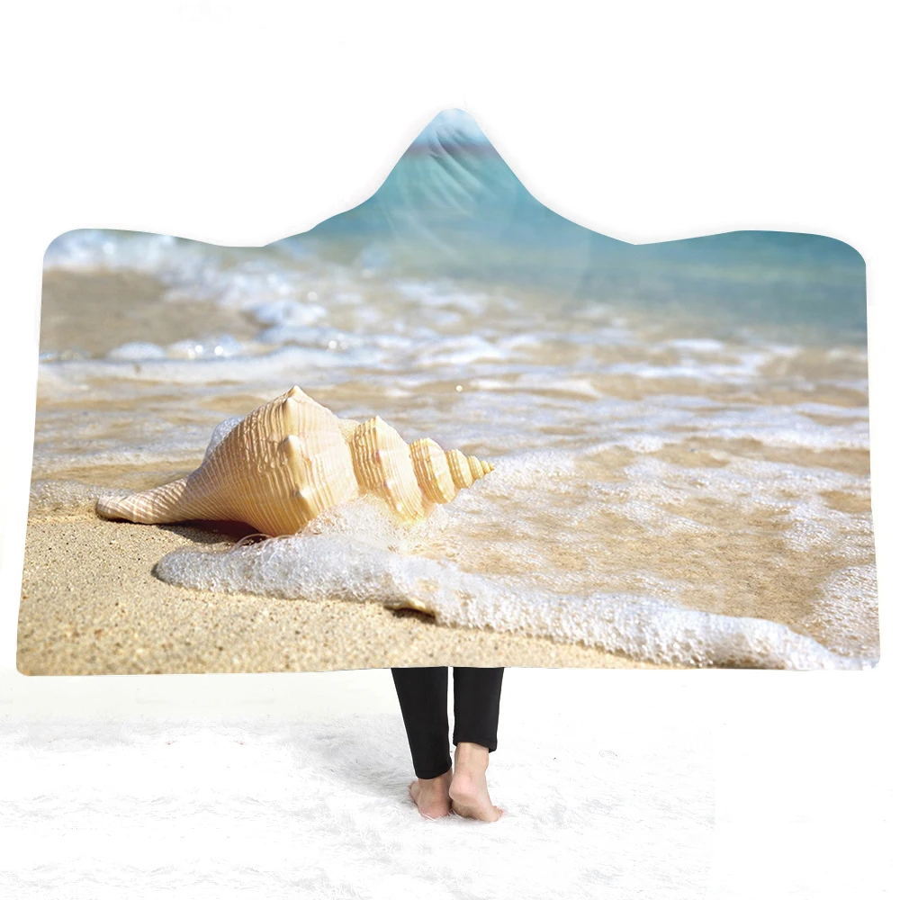 3D Beach Conch Hooded Blanket Sherpa Fleece Ocean Wave Wearable Plush Throw Blanket On Bed Sofa Thick Warm