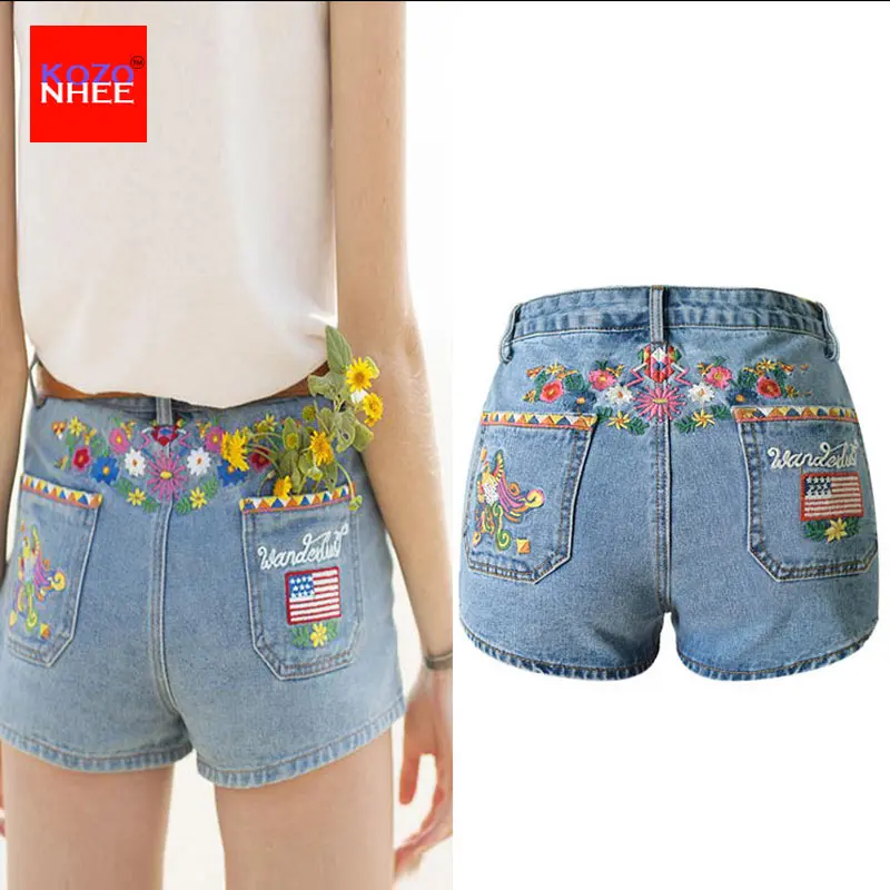 Летние джинсовые шорты с 3D вышивкой и высокой талией красочный узор богемные
