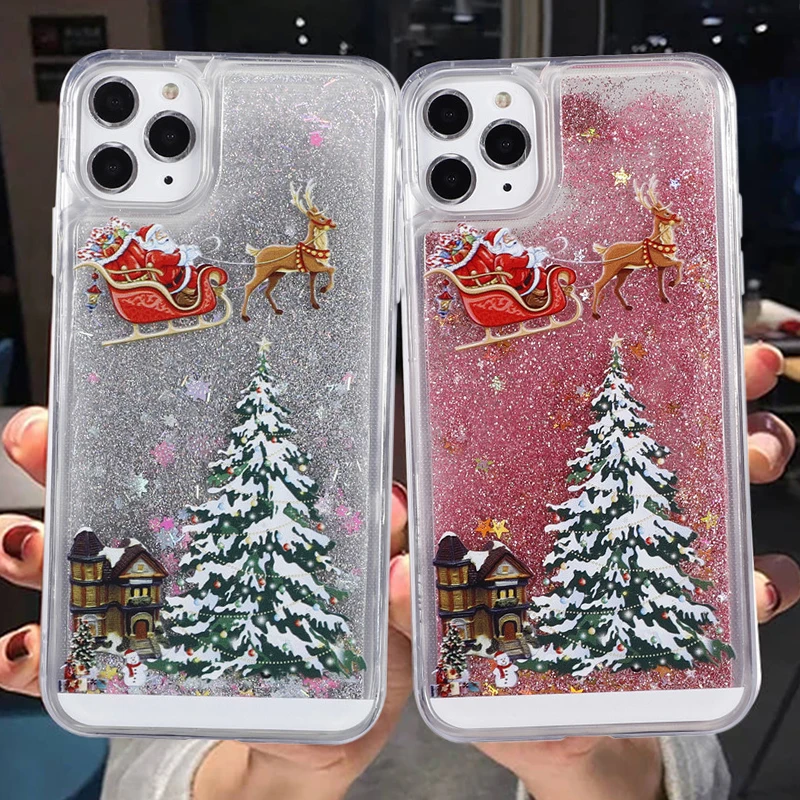 Merry Christmas Phone Case For iPhone 12 11 13 SE 2 11Pro Max XR XS Max X 7 8 6S Plus 11Pro Dynamic Quicksand Glitter Back Cover