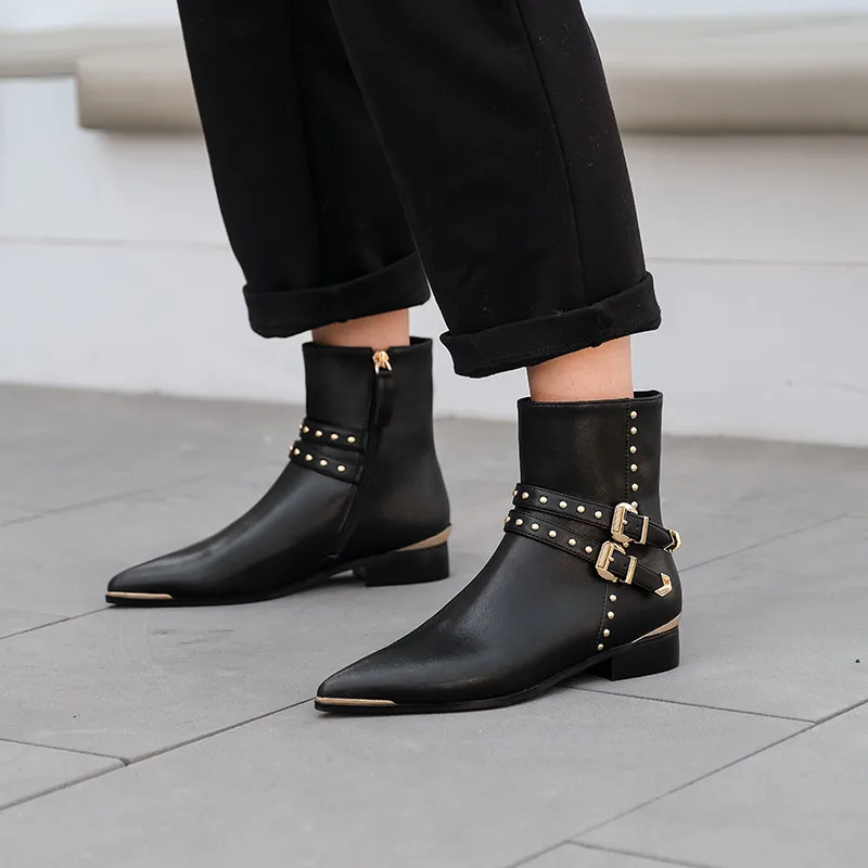 

ASUMER 2020 hot sale genuine leather shoes women ankle boots pointed toe buckle rivet low heel fashion casual shoes woman