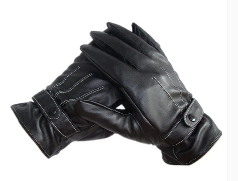 

Free Ostrich Gloves Men Winter Leather Black Gloves Button Warm Mittens Luxurious PU Leather Driving Men's Genuine