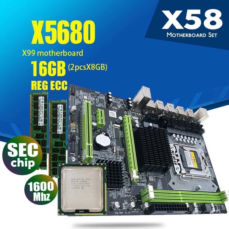 Материнская плата atermiter X58 LGA1366 combos X5680 ЦПУ 2 шт. x 8 ГБ = 16 DDR3 ОЗУ 1600 МГц PC3 12800R