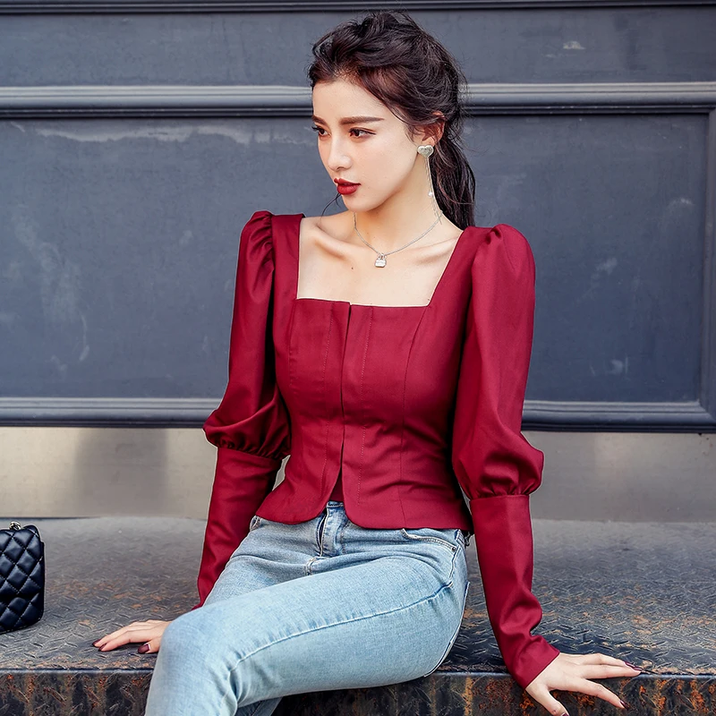 

Elegant Spring Puff Long Sleeve Shirt Blouse Women Squre neck short Tops Solid Female Buttons Streetwear Blusas Mujer