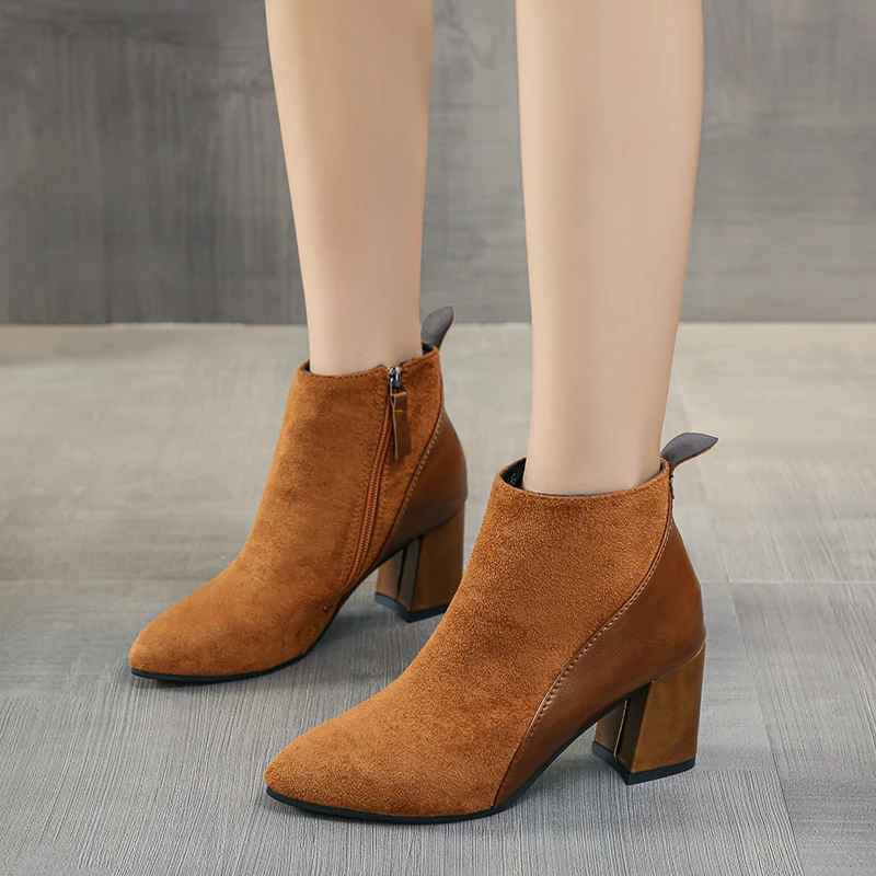 

Winter Warm Women Ankle Chelsea Boots Nubuck Leather Elegant Suede Flock Patchwork High Heels Botines Mujer Shoes Big Size 35-44