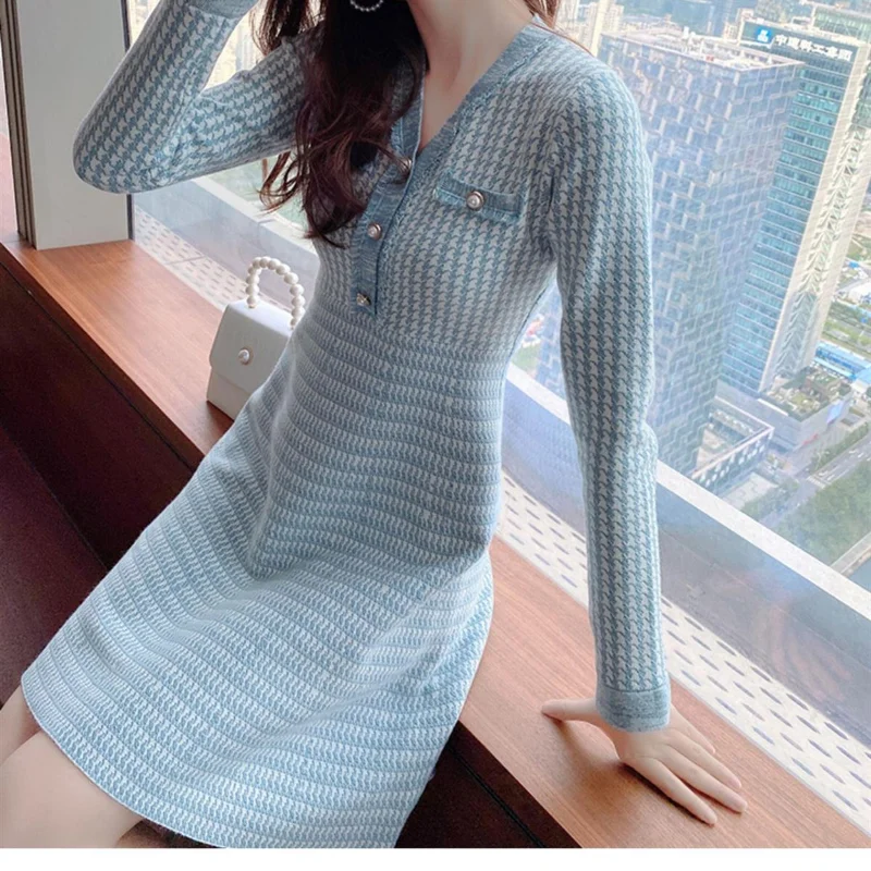

HOUZHOU Blue Plaid Dress Women Knitted Long Sleeve Autumn 2021 Elegant Vintage Dresses Houndstooth Pattern Robe Streetwear