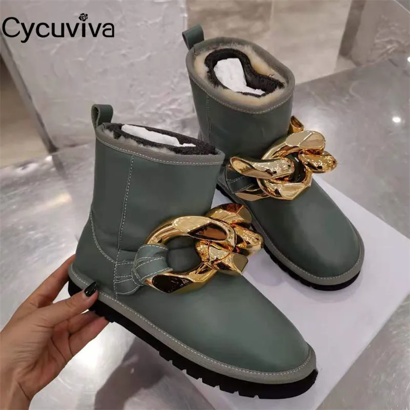 Новинка женские зимние сапоги из шерсти с золотой цепочкой теплая обувь на