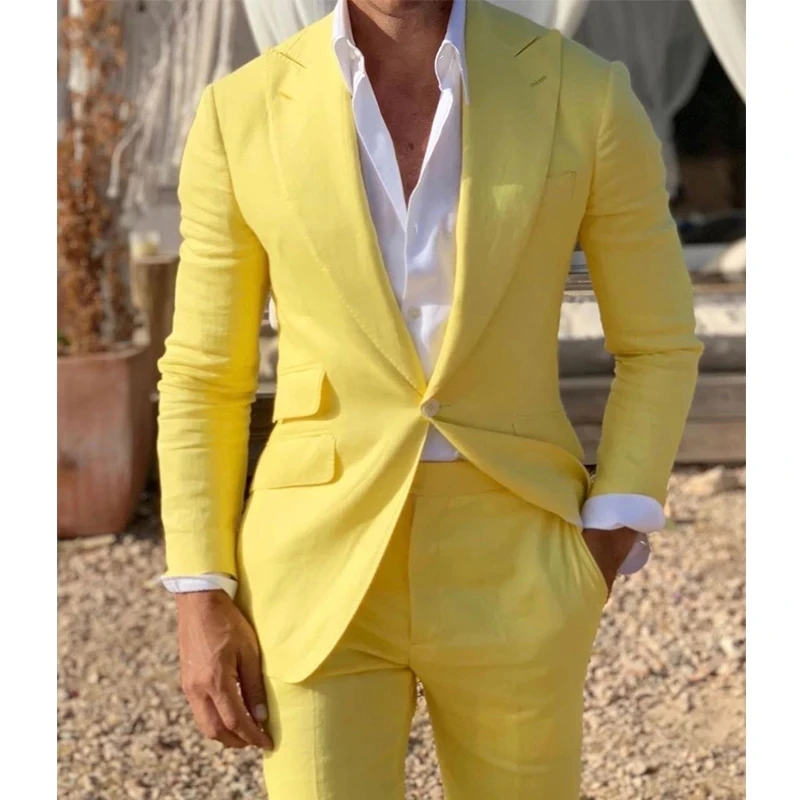 

Yellow Linen Beach Men Suits Slim Fit 2 Piece Wedding Groom Tuxedo With Peaked Lapel Male Fashion Costume Blazer With Pants