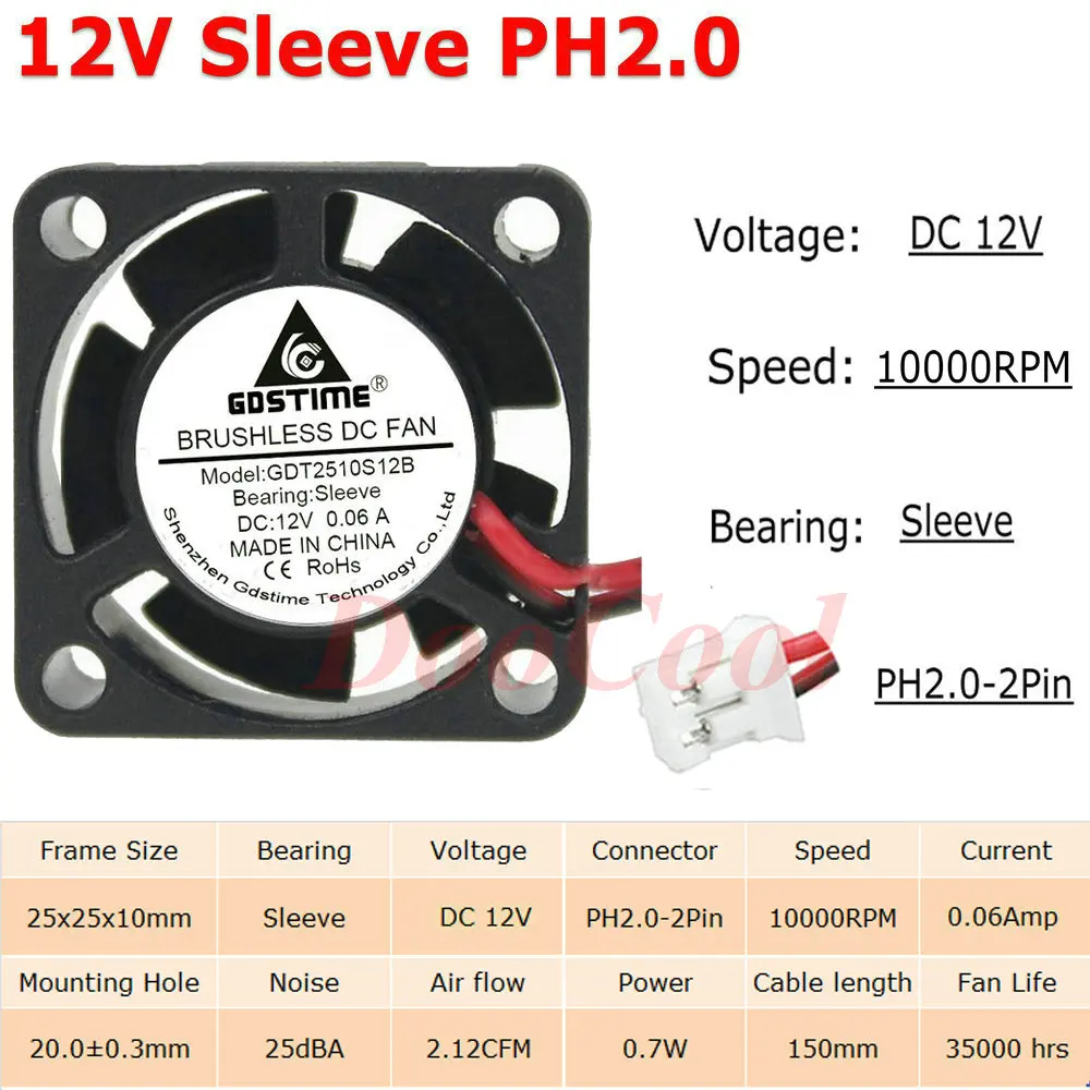 12V Sleeve PH2.0 5 шт. Gdstime с фокусным расстоянием 25 мм 25x25x10 мм 2Pin JST Dupont 5 В, 12 В, 24 В постоянного тока, 2510 рукав Шаровая Опора радиатора мини Бесщеточный Охлаждающий вентилятор Cooler - Цвет лезвия: 12V Sleeve PH2.0