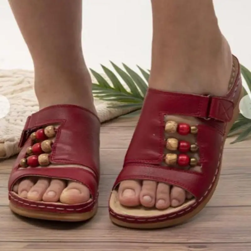 Summer Women Outdoor Open Toe Sandals Vintage Anti-slip Breathable Velcro Wedges Slipper Fashion 2021 String Bead Women Shoes