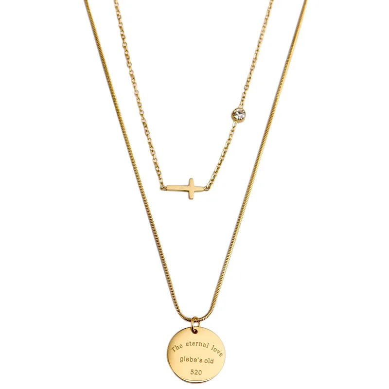 Оптовая партия нержавеющей стали Двойное круглое кольцо монеты ожерелье для женщин Крестовина Цепь Ювелирных изделий.