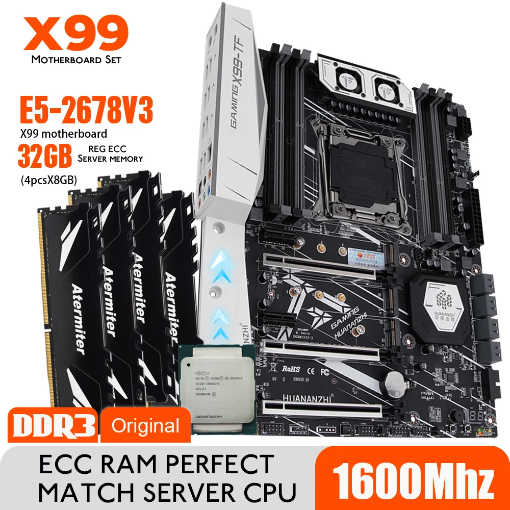 Материнская плата HUANANZHI X99 X99-TF с процессором Xeon E5 2678 V3 LGA2011-3 4 шт. 8 ГБ = 32 PC3 12800R ОЗУ 1600