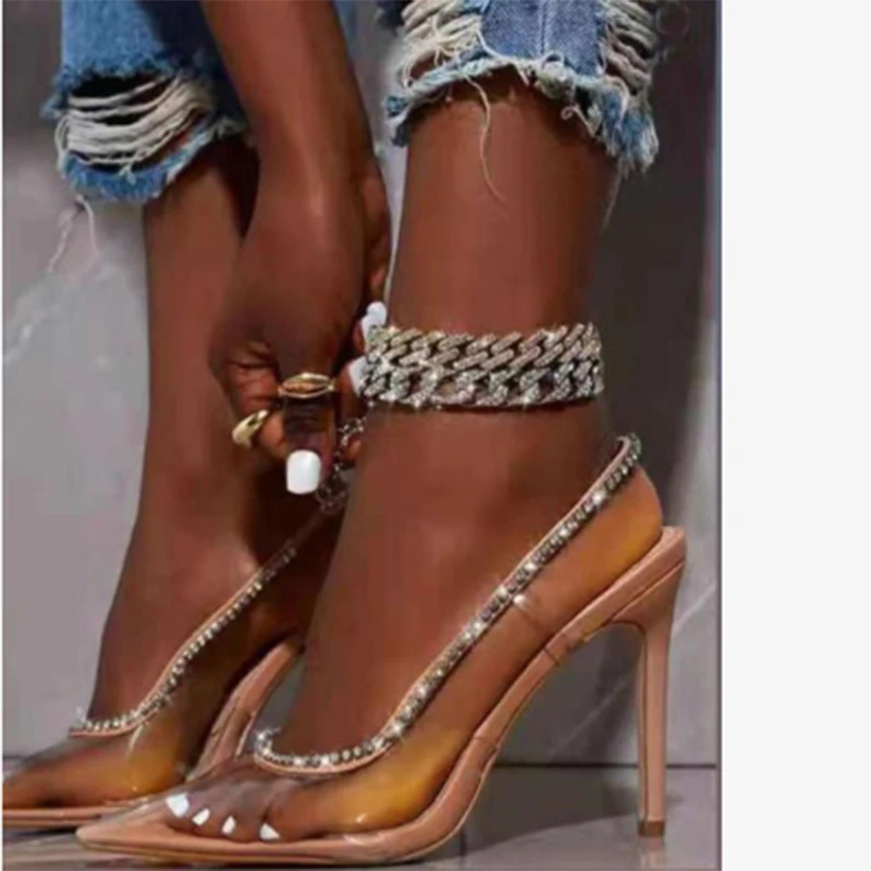 

Transparent Sandals Women Pointed Crystal Rhinestone High Heels Stilettos Sexy Pumps Summer Shoes Pointed Toes Women Plus 35-42