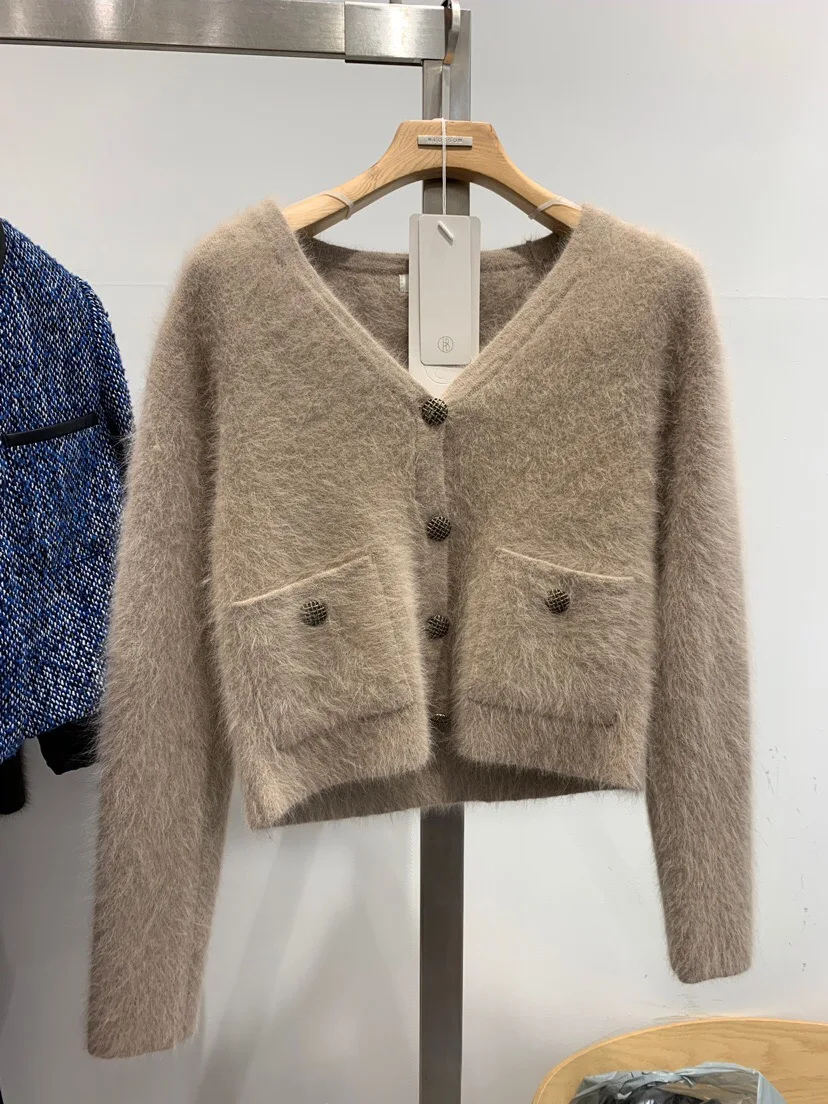 

Namou Drane 2021 Autumn and Winter New Small Fresh Temperament Retro Slim Short Slim V-neck Mink Sweater Cardigan Women's Jacket