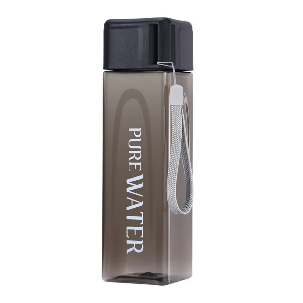 

480ml Water Bottle Square Plastic Transparent Matte Drinking Bottle Outdoor Juice Milk Sport Bottle With Portable Rope Leakproop