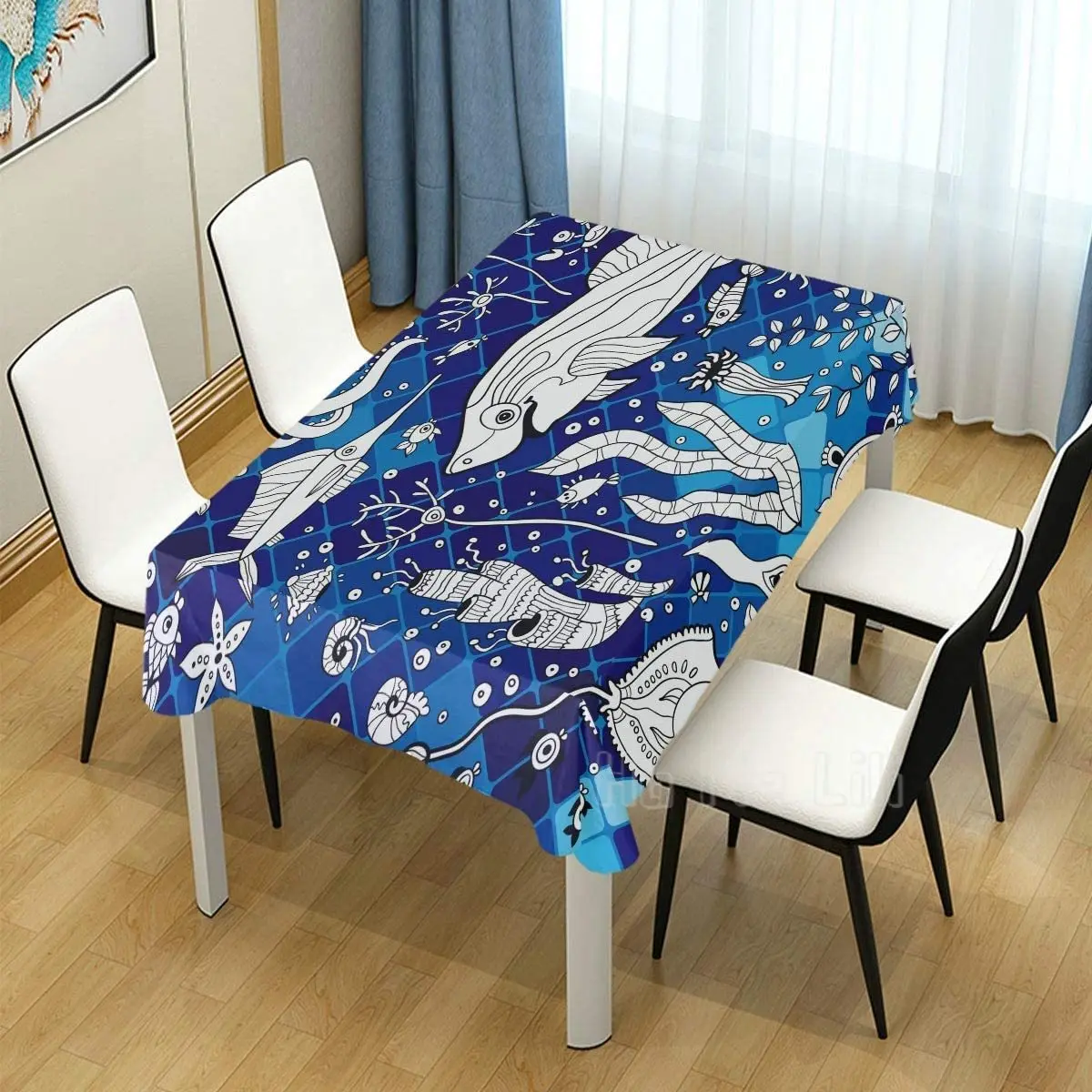 

Blue Tablecloth With Sea Fish Mosaic For Dining Room Decor