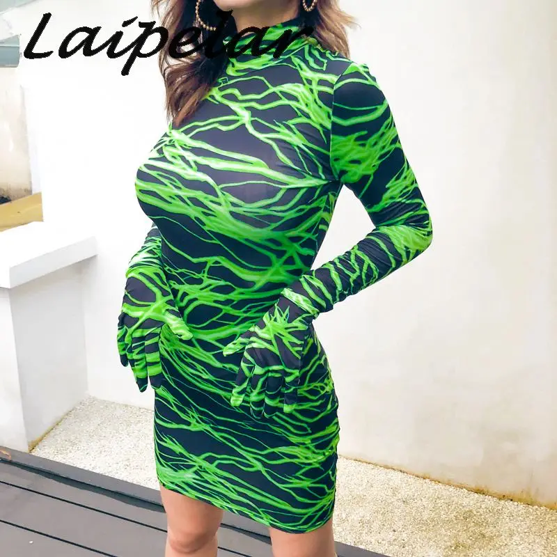 Laipelar платье с принтом молнии перчатки длинным рукавом облегающие сексуальные