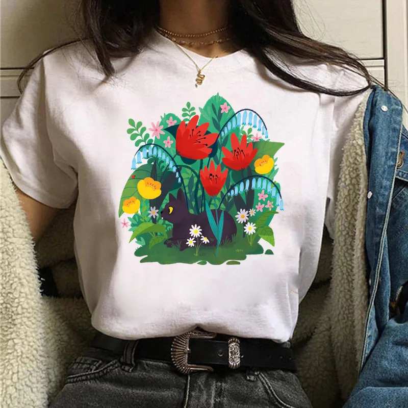 

Women T-shirt Kawaii Flower and Cat Print T Shirt Harajuku Cartoon Tee Shirts Female Short Sleeve Tops Summer Woman T-shirt