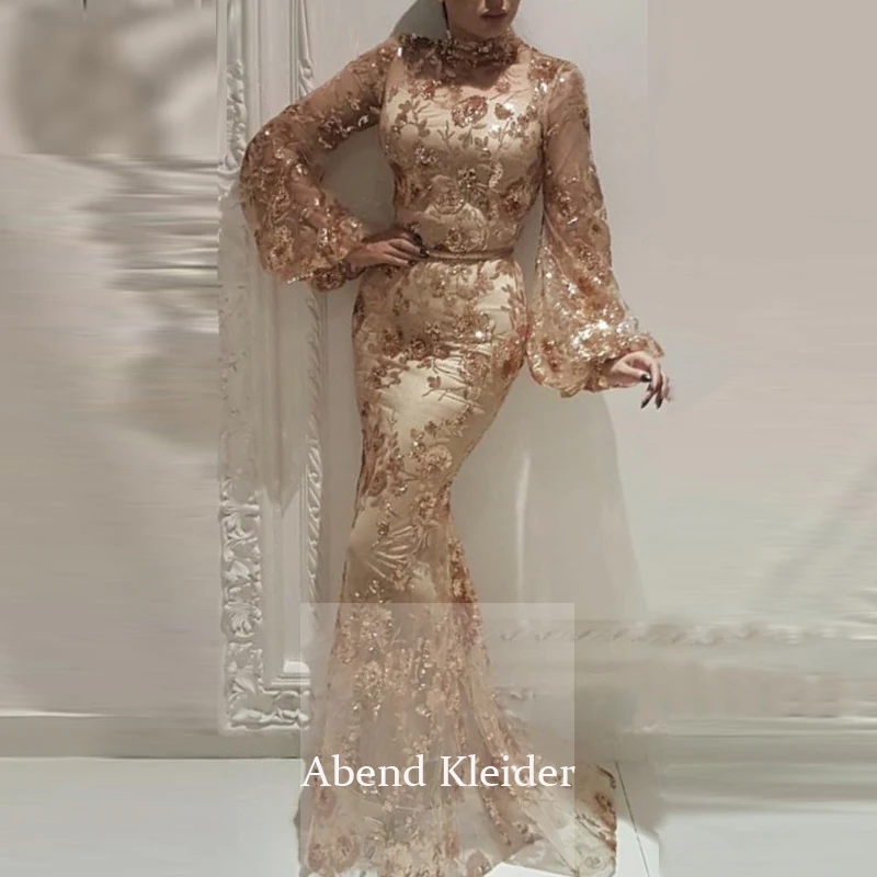 Женское вечернее платье с длинными рукавами и высоким воротом Золотое кружевное