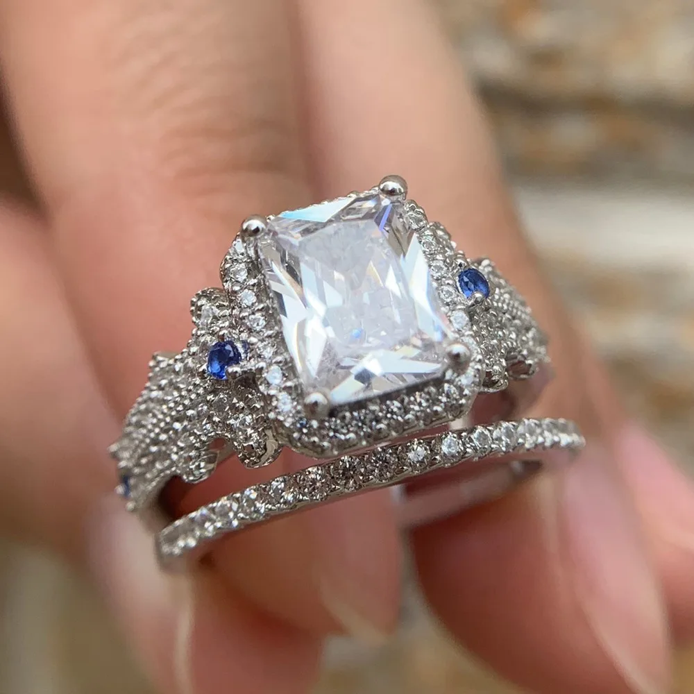 Newshe Classic Bridal Set Wedding Engagement Rings For Women 925 Sterling silver Princess Cut White Blue AAA Cubic Zirconia