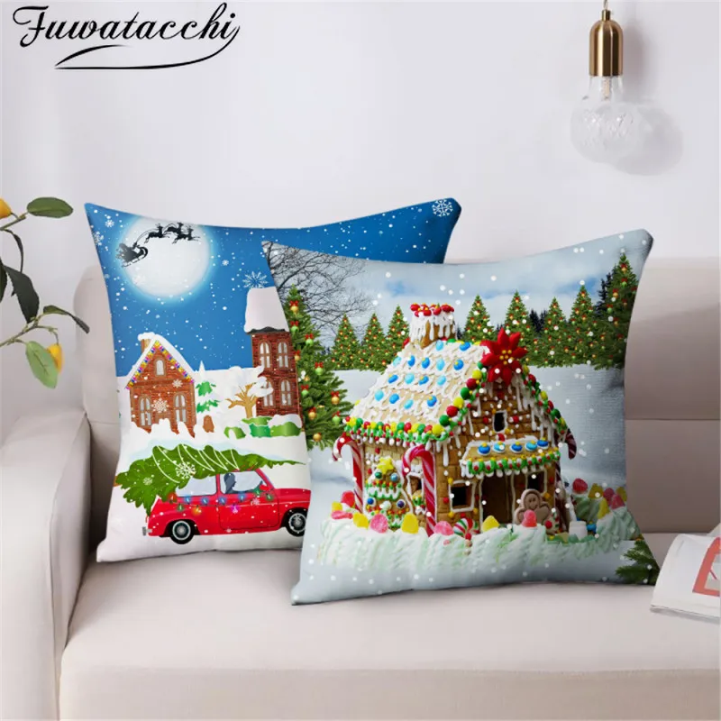 

Fuwatacchi Christmas Gift Cushion Cover Santa Claus Printed Pillow Cover for Home Sofa Car Decor Pillowcases Funda Cojin 45x45cm
