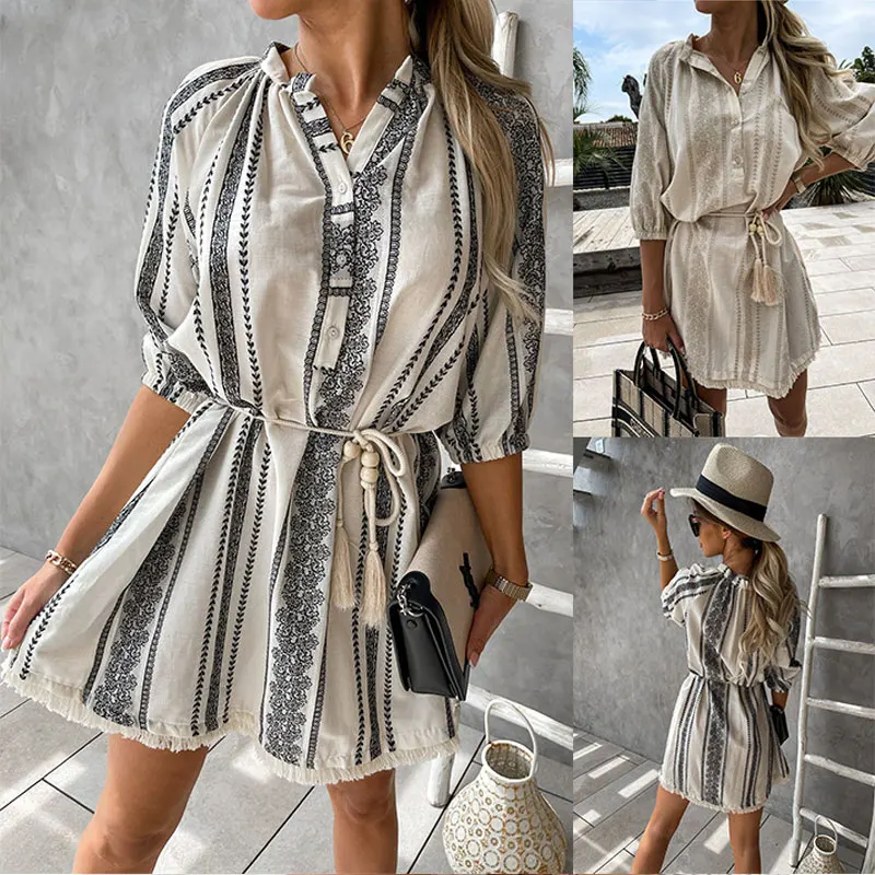 

Женское винтажное платье с V-образным вырезом и кисточками