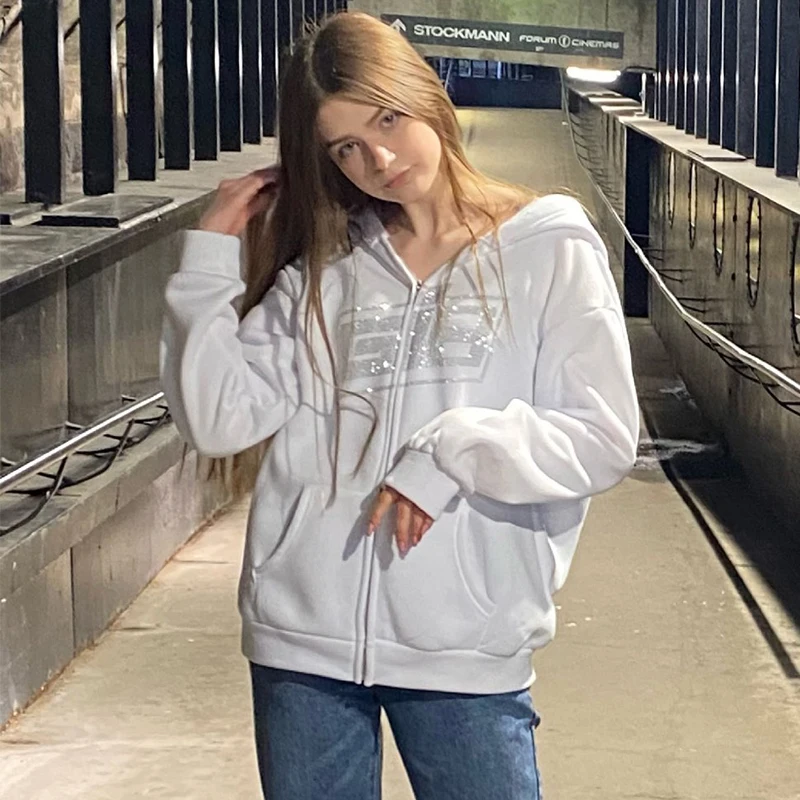 Autumn Winter Y2K Fashion Rhinestone Letter Print Hoodies Women Zip Up Long Sleeve Oversized Black Sweatshirts Casual Streetwear