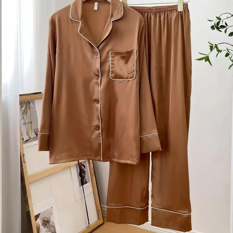 Комплект пижамный атласный женская одежда для сна на пуговицах с лацканами