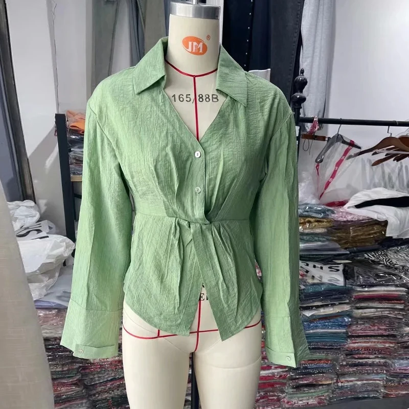 

za2021 Spring Autumn Women's Twisted Pleated Blouse and Tops V-Neck Long Sleeve Shirt New Fashion Ladies Green Blouse