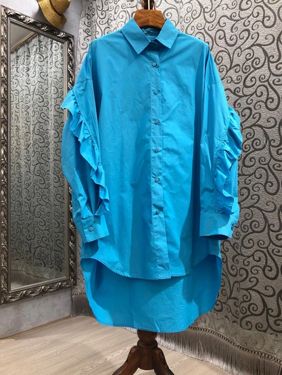 

2021 early spring new women's lapel irregular sleeve ear stitching front short long back dress 30