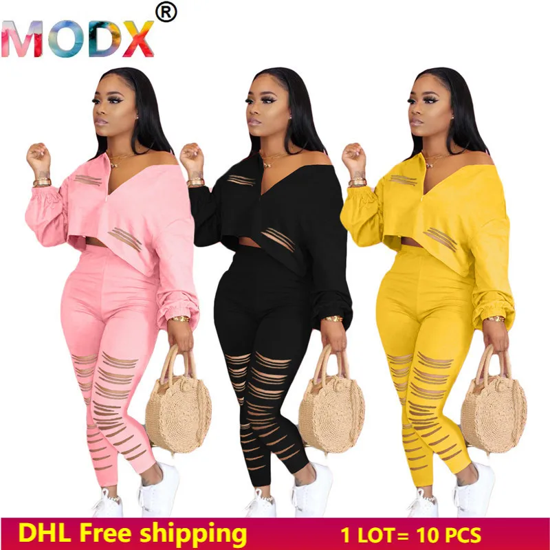 

Women Sexy Two Piece Sets Solid Color Outfits Ripped Tracksuits V Neck Hoodies+leggings Spring Fall Clothing Jogger Suits 0012