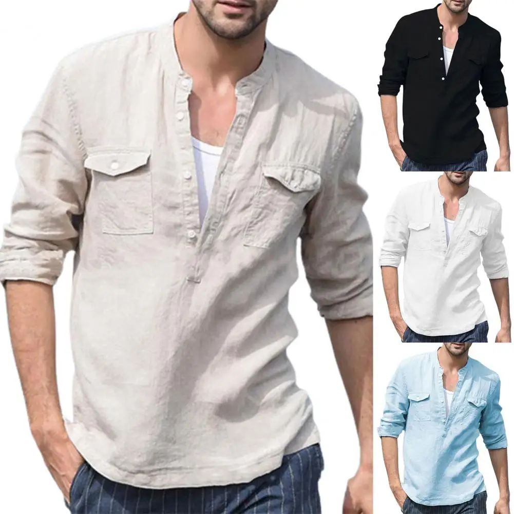 

T-shirt Stylish Buttons Stand Collar Summer Shirt Pullover Male Shirt Long Sleeve for Beach