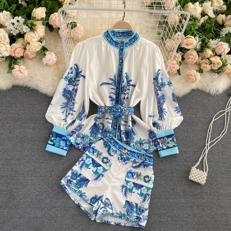 

Ladies Shirts Elegant Vintage Stand Collar Printed Puff Sleeve Tops Blouse Wide Leg Shorts Two Piece Set Spring Summer Outfits