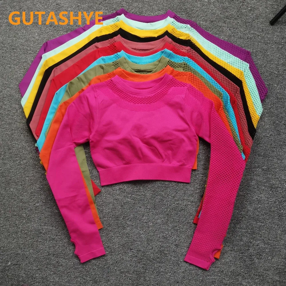 

Yoga Sports Crop Top Long Sleeve Gym Women's Seamless T-shirt Fitness Woman Sport T-shirt Workout Tops For Women's Sportswear